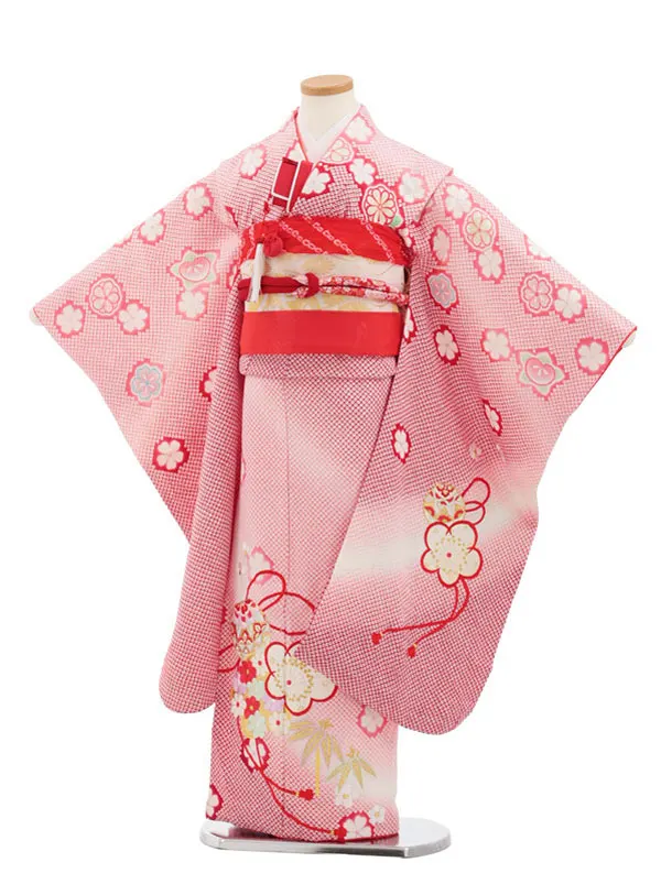 七五三(7歳袋帯)Y665 【高級正絹】赤ピンク疋田柄まり梅