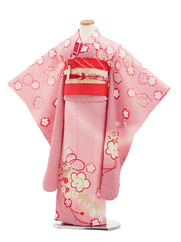 七五三(7歳袋帯)Y665 【高級正絹】赤ピンク疋田柄まり梅
