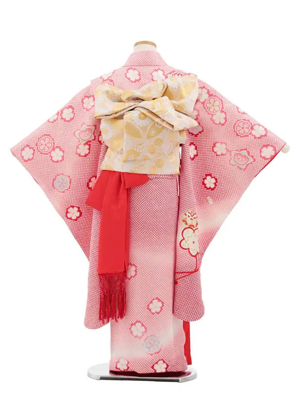 七五三(7歳袋帯)Y665 【高級正絹】赤ピンク疋田柄まり梅