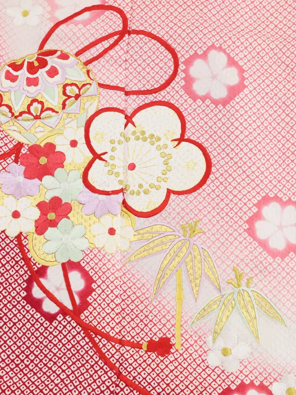 七五三(7歳袋帯)Y665 【高級正絹】赤ピンク疋田柄まり梅