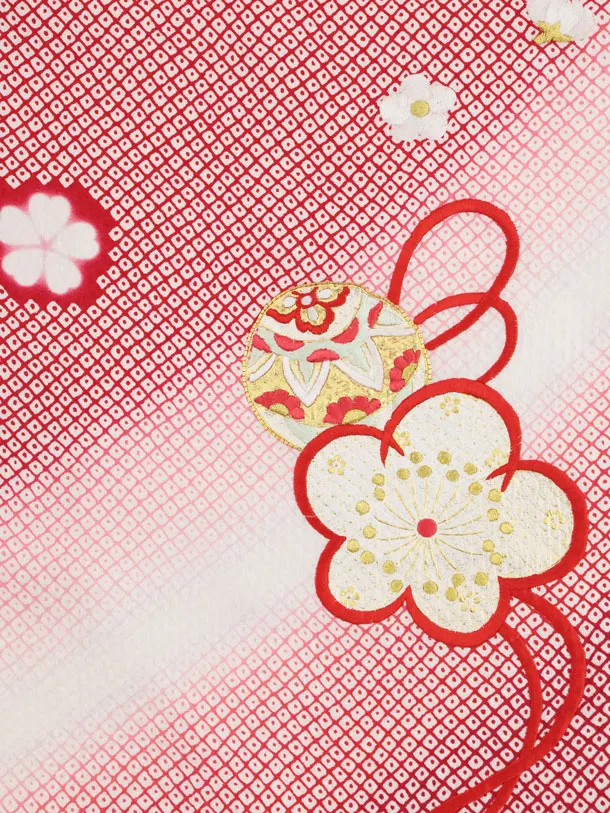 七五三(7歳袋帯)Y665 【高級正絹】赤ピンク疋田柄まり梅