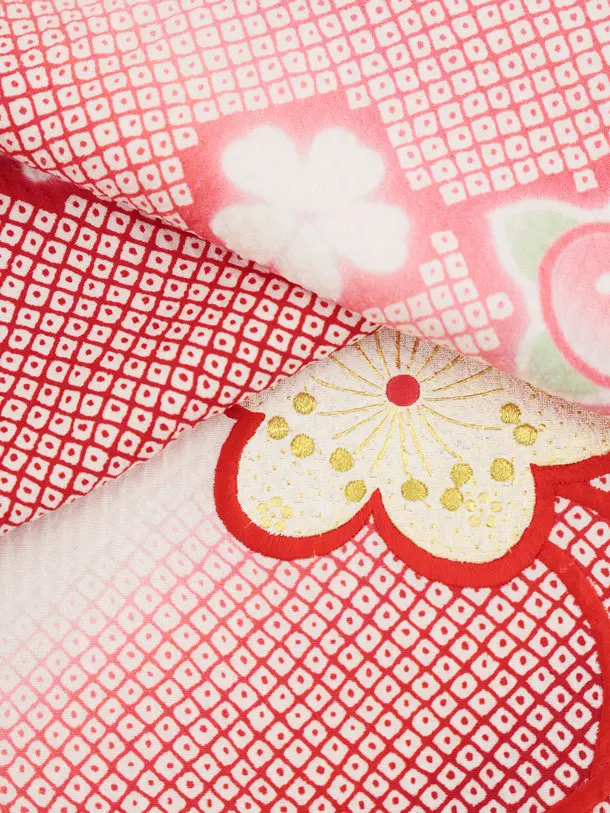 七五三(7歳袋帯)Y665 【高級正絹】赤ピンク疋田柄まり梅