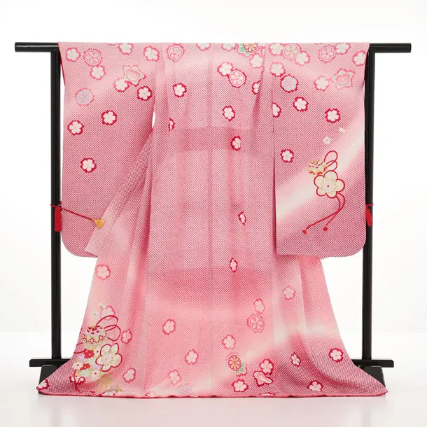 七五三(7歳袋帯)Y665 【高級正絹】赤ピンク疋田柄まり梅