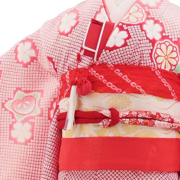 七五三(7歳袋帯)Y665 【高級正絹】赤ピンク疋田柄まり梅