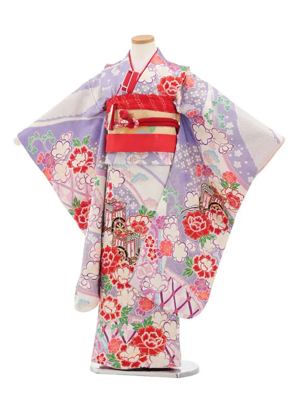 七五三(7歳袋帯)Y667 【高級正絹】ラベンダー御所車花づくし