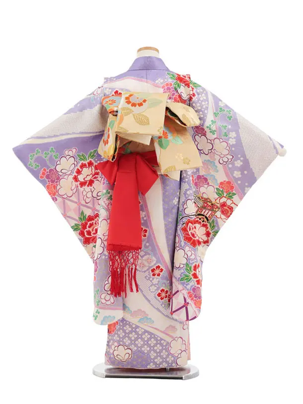 七五三(7歳袋帯)Y667 【高級正絹】ラベンダー御所車花づくし