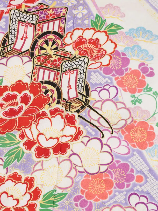 七五三(7歳袋帯)Y667 【高級正絹】ラベンダー御所車花づくし