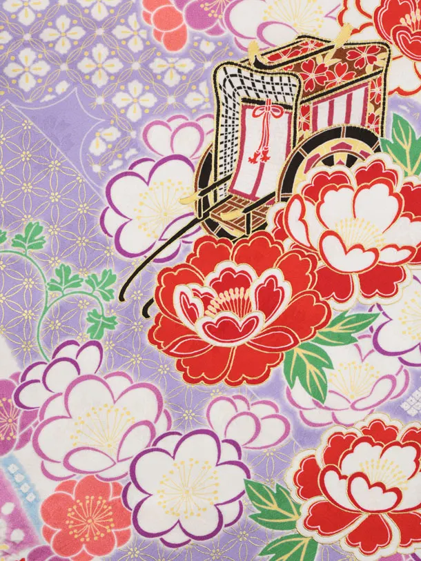 七五三(7歳袋帯)Y667 【高級正絹】ラベンダー御所車花づくし