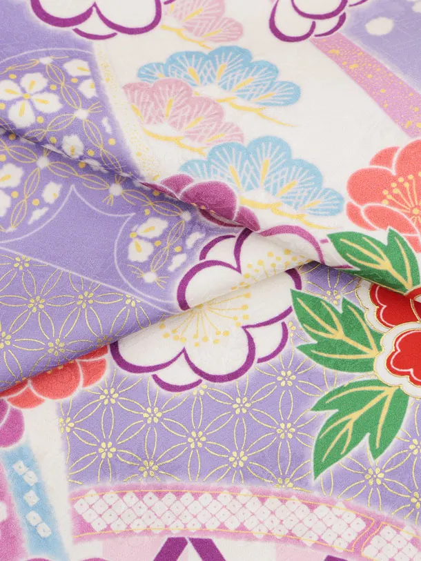 七五三(7歳袋帯)Y667 【高級正絹】ラベンダー御所車花づくし