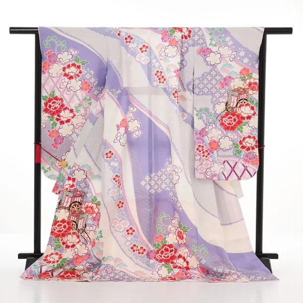 七五三(7歳袋帯)Y667 【高級正絹】ラベンダー御所車花づくし