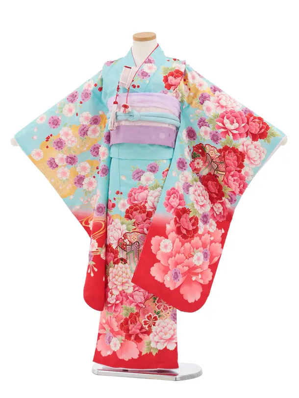 七五三(7歳結び帯)Y669 水色裾赤 雪輪に花づくし