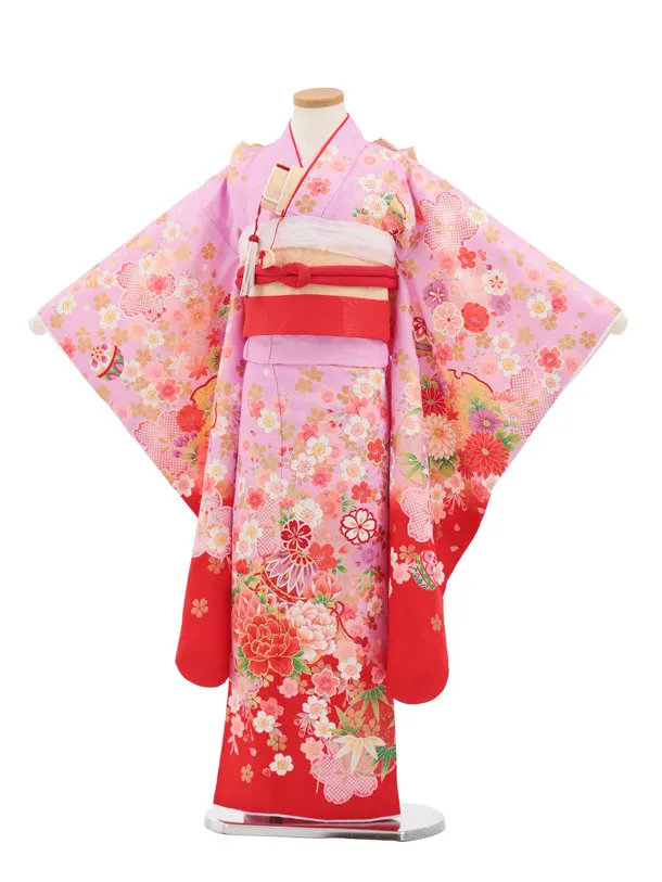七五三(7歳結び帯)Y670 パープル裾赤 鞠にぼたん桜