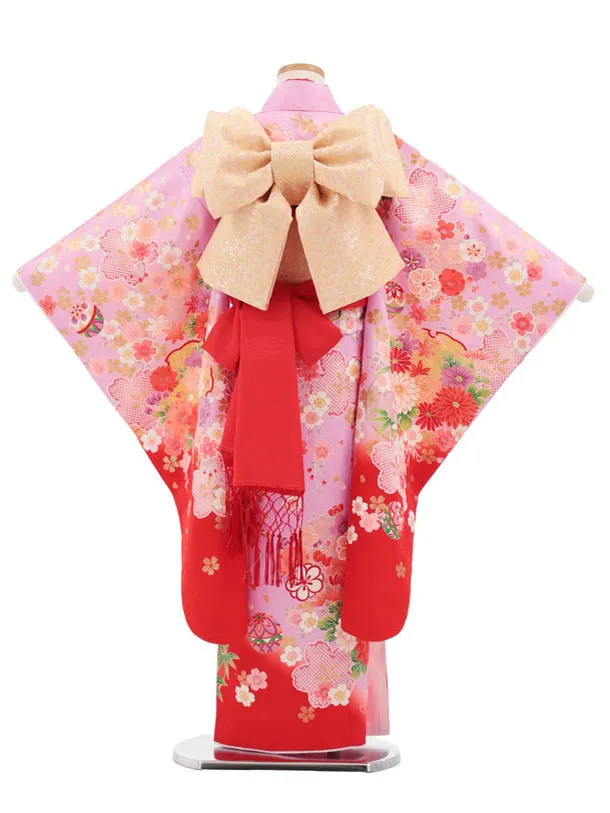 七五三(7歳結び帯)Y670 パープル裾赤 鞠にぼたん桜