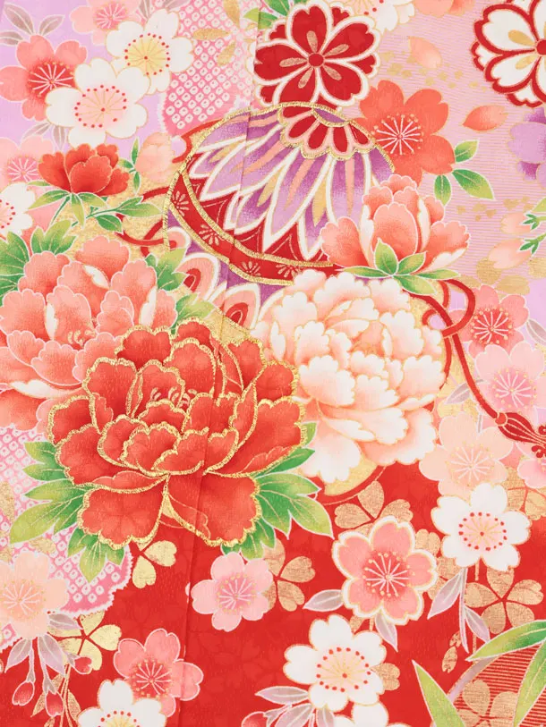 七五三(7歳結び帯)Y670 パープル裾赤 鞠にぼたん桜