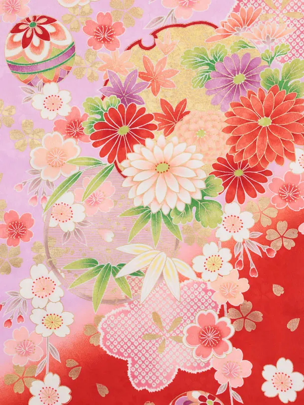 七五三(7歳結び帯)Y670 パープル裾赤 鞠にぼたん桜