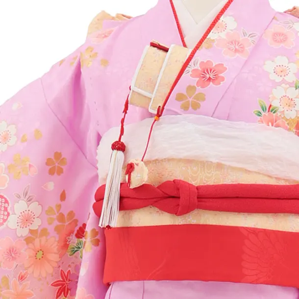 七五三(7歳結び帯)Y670 パープル裾赤 鞠にぼたん桜