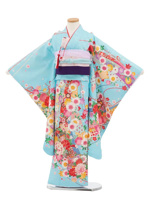 七五三(7歳結び帯)Y671 水色 御所車鈴花づくし