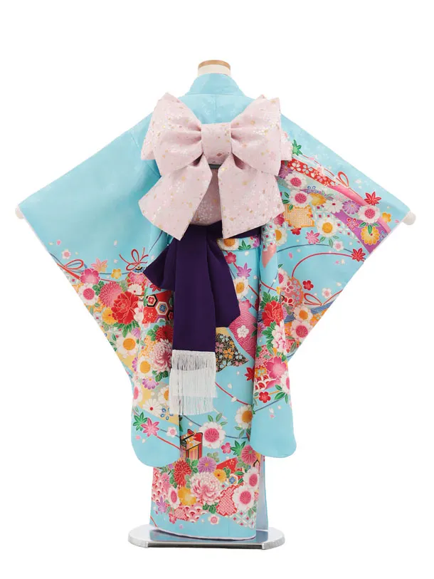 七五三(7歳結び帯)Y671 水色 御所車鈴花づくし