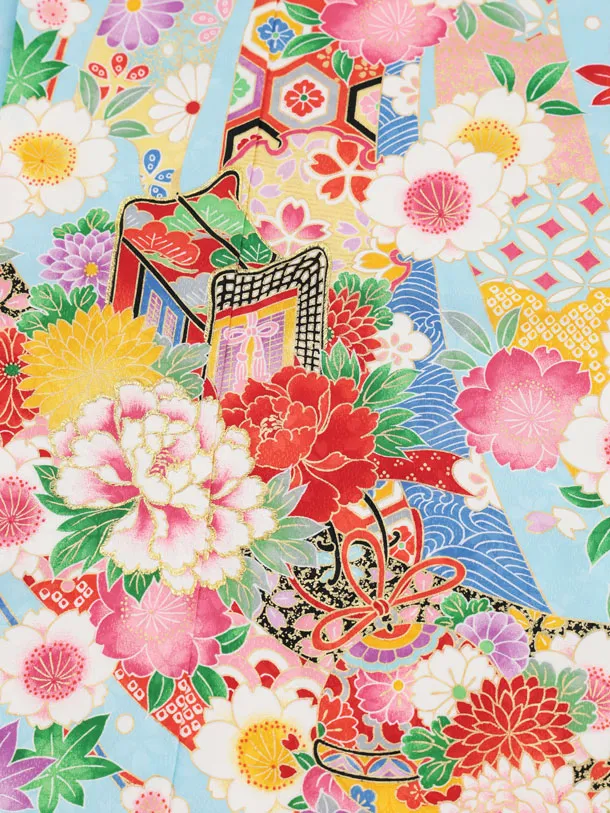 七五三(7歳結び帯)Y671 水色 御所車鈴花づくし