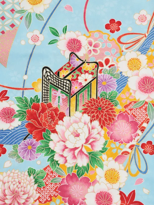 七五三(7歳結び帯)Y671 水色 御所車鈴花づくし