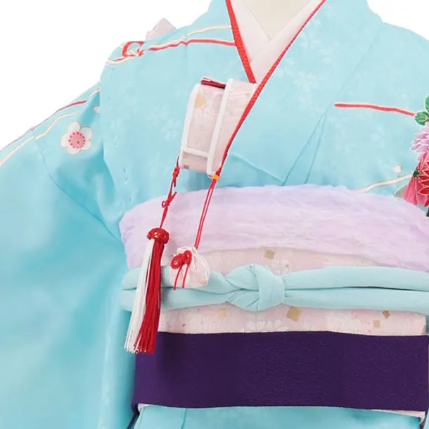 七五三(7歳結び帯)Y671 水色 御所車鈴花づくし