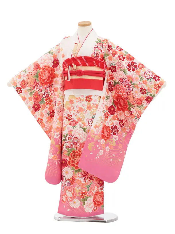 七五三(7歳結び帯)Y672 白地裾ピンク 花づくし