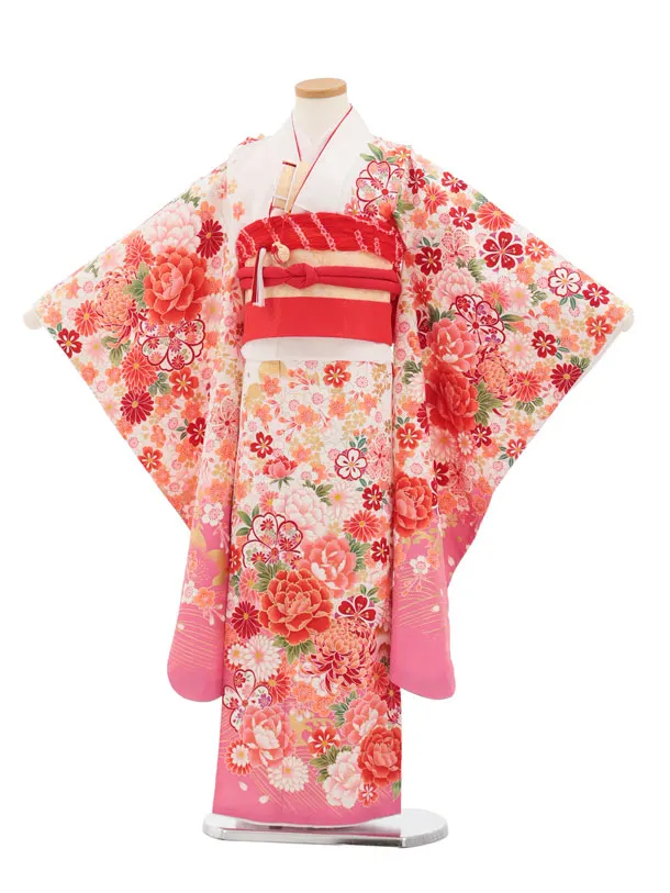 七五三(7歳結び帯)Y672 白地裾ピンク 花づくし