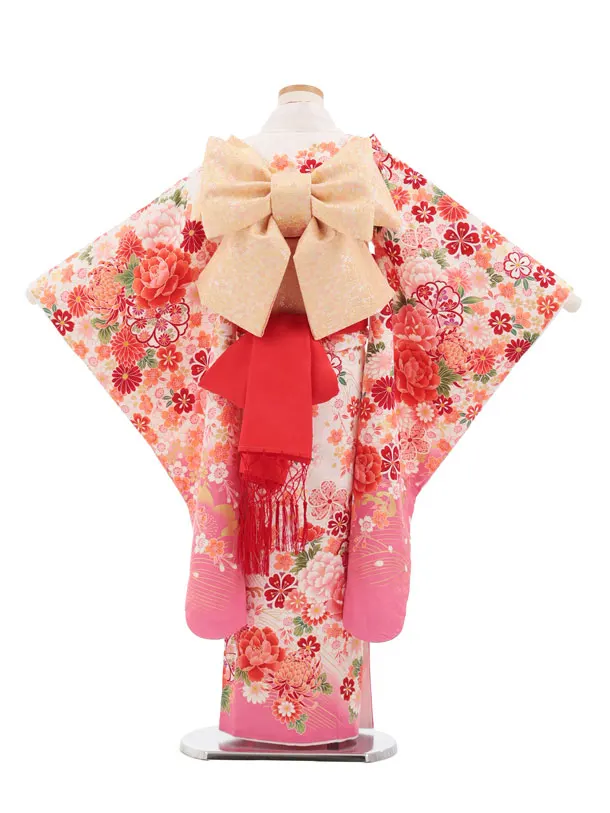 七五三(7歳結び帯)Y672 白地裾ピンク 花づくし