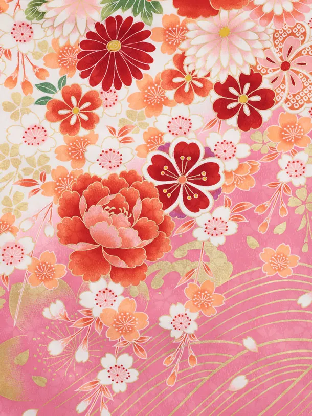 七五三(7歳結び帯)Y672 白地裾ピンク 花づくし