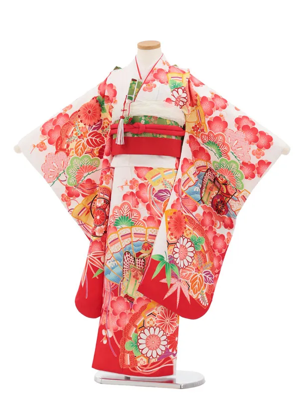 七五三(7歳結び帯)Y673 白地裾赤 桧扇に御所車花づくし