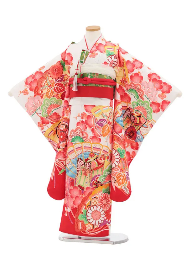 七五三(7歳結び帯)Y673 白地裾赤 桧扇に御所車花づくし