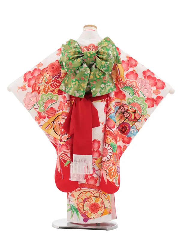 七五三(7歳結び帯)Y673 白地裾赤 桧扇に御所車花づくし