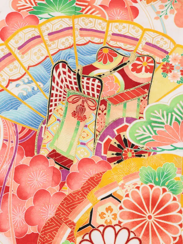 七五三(7歳結び帯)Y673 白地裾赤 桧扇に御所車花づくし