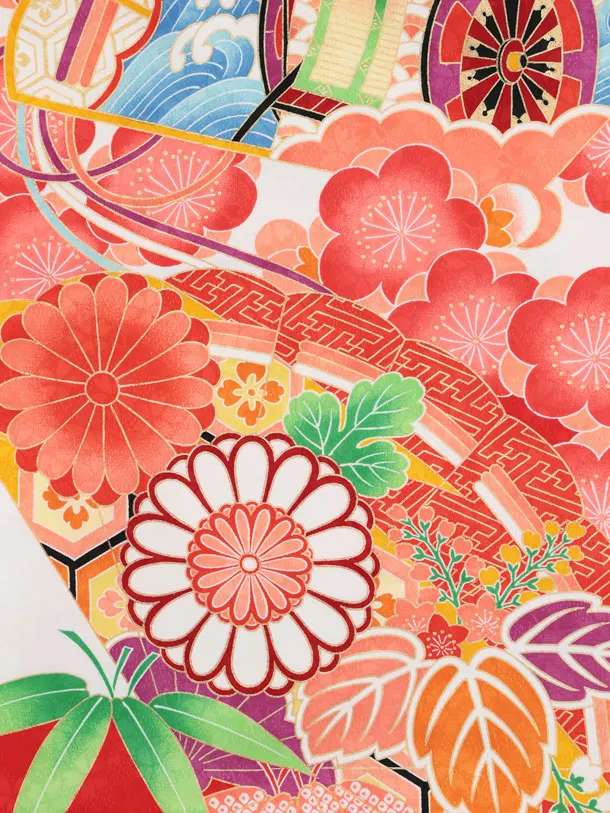 七五三(7歳結び帯)Y673 白地裾赤 桧扇に御所車花づくし