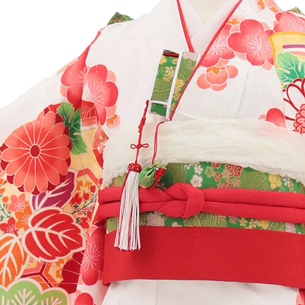七五三(7歳結び帯)Y673 白地裾赤 桧扇に御所車花づくし