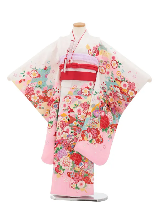七五三(7歳結び帯)Y674 白地裾ピンク鼓に花づくし