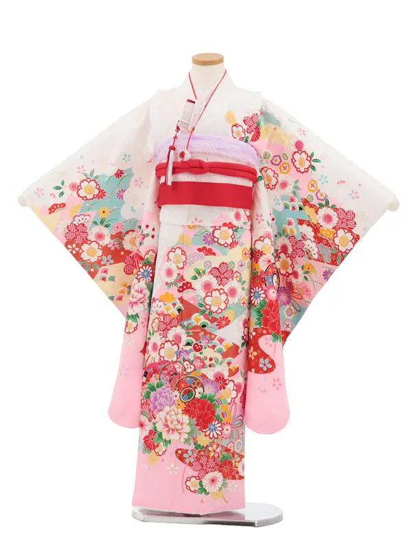 七五三(7歳結び帯)Y674 白地裾ピンク鼓に花づくし
