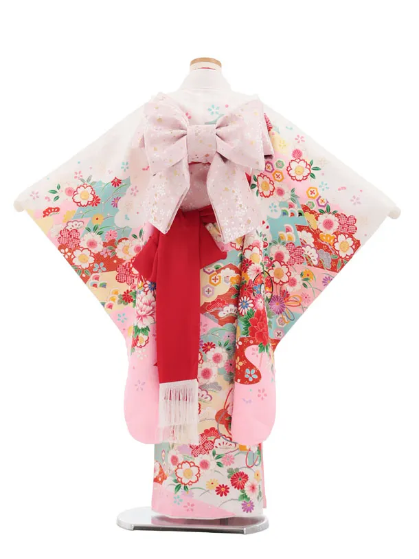 七五三(7歳結び帯)Y674 白地裾ピンク鼓に花づくし