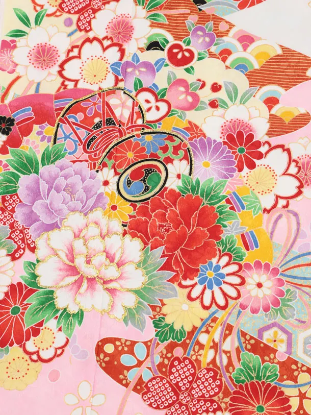 七五三(7歳結び帯)Y674 白地裾ピンク鼓に花づくし