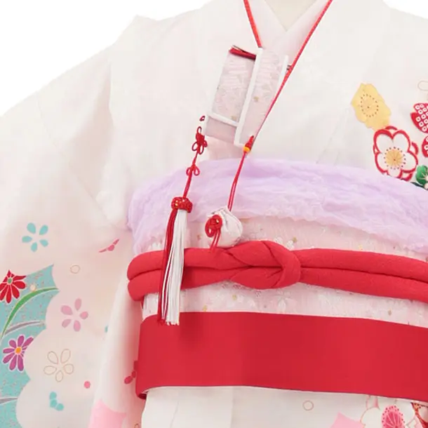 七五三(7歳結び帯)Y674 白地裾ピンク鼓に花づくし