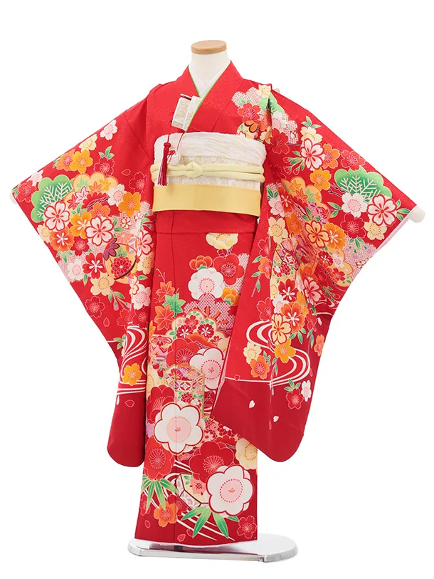 七五三(7歳結び帯)Y692 赤地 梅に貝桶