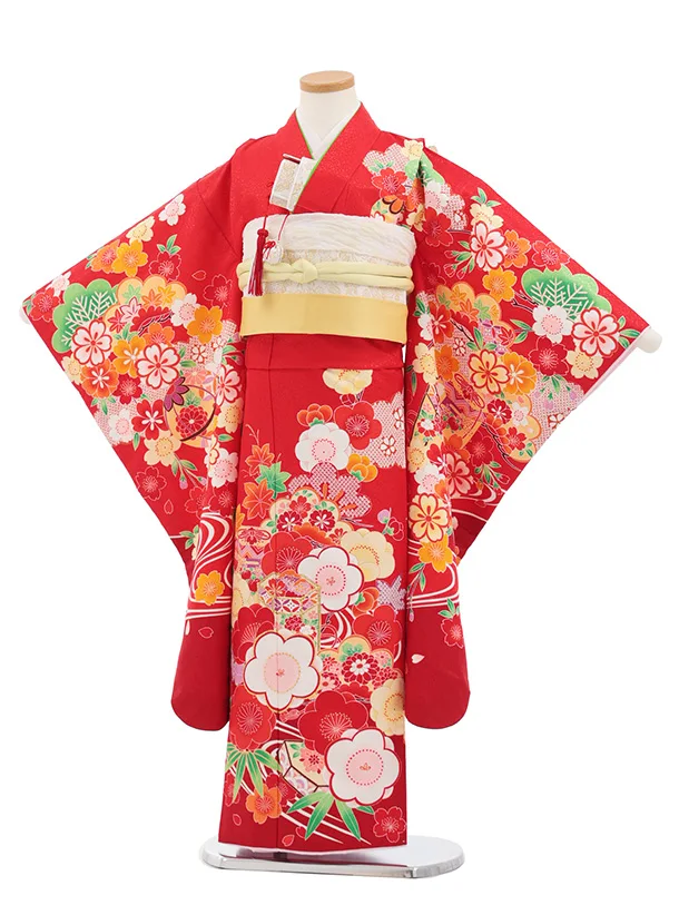 七五三(7歳結び帯)Y692 赤地 梅に貝桶