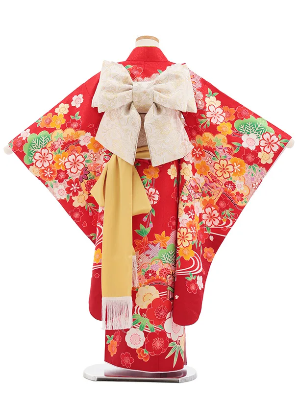 七五三(7歳結び帯)Y692 赤地 梅に貝桶