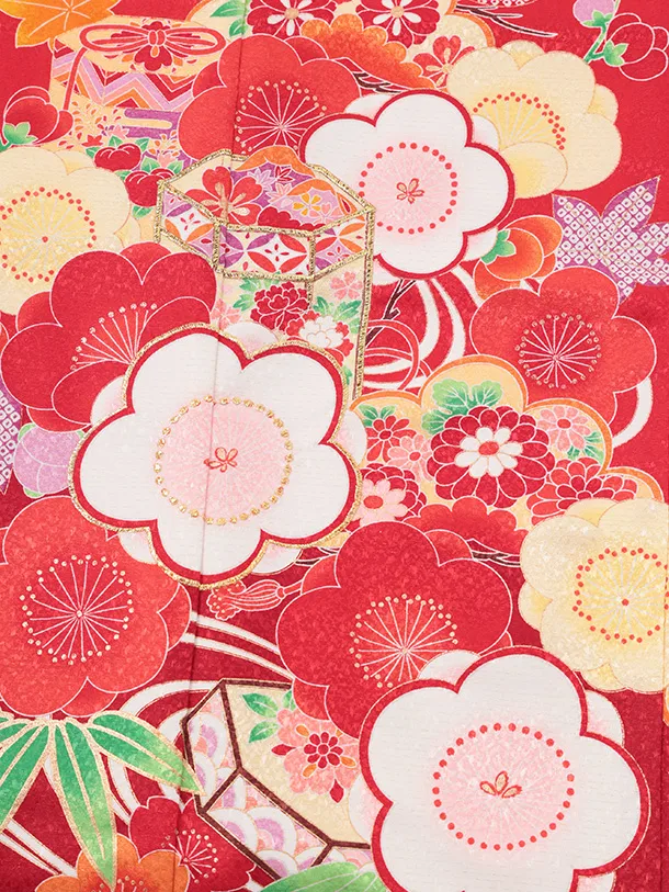 七五三(7歳結び帯)Y692 赤地 梅に貝桶