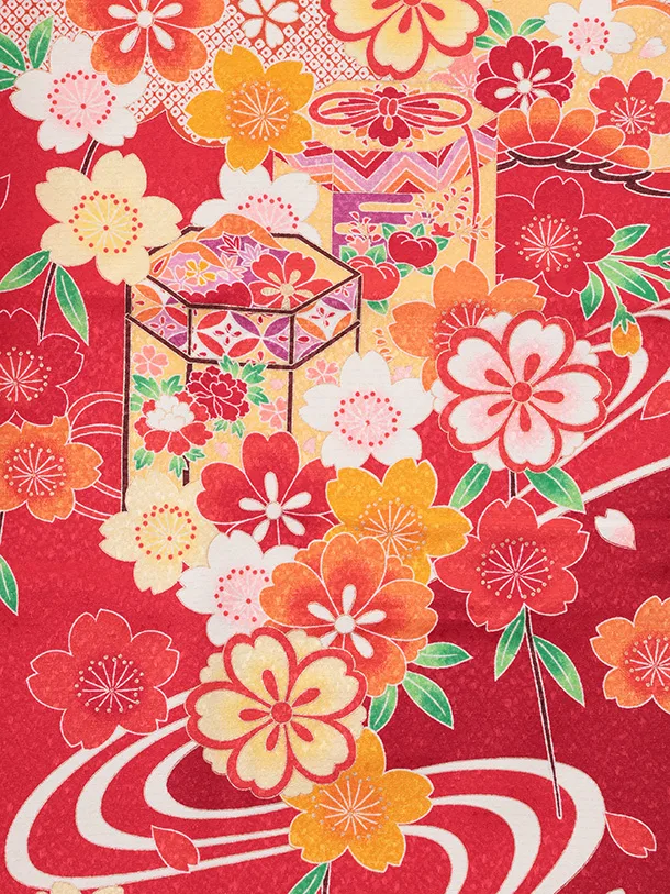 七五三(7歳結び帯)Y692 赤地 梅に貝桶