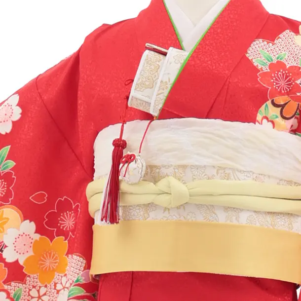 七五三(7歳結び帯)Y692 赤地 梅に貝桶
