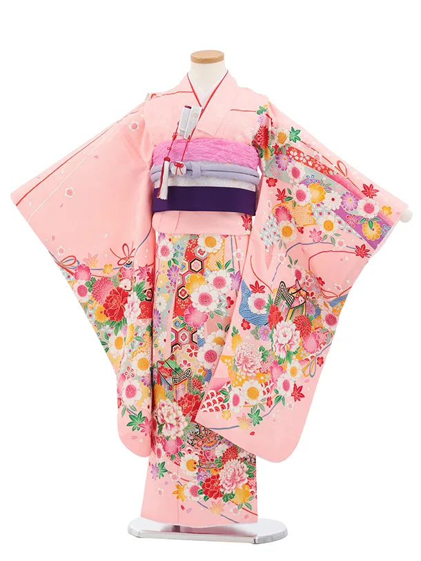 七五三(7歳結び帯)Y693 ピンク地  御所車に鈴花