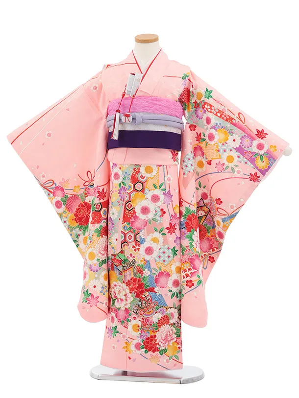 七五三(7歳結び帯)Y693 ピンク地  御所車に鈴花