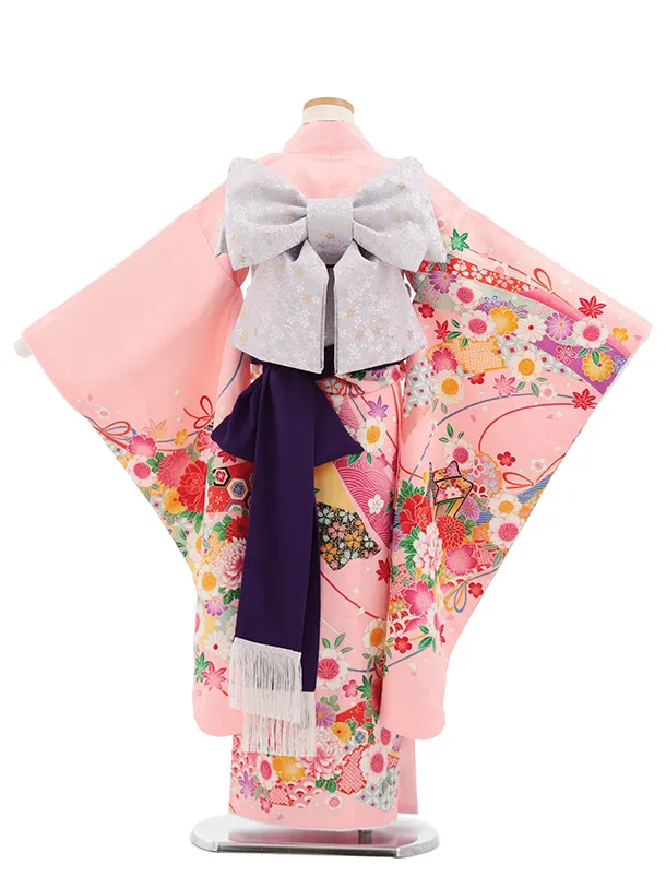 七五三(7歳結び帯)Y693 ピンク地  御所車に鈴花