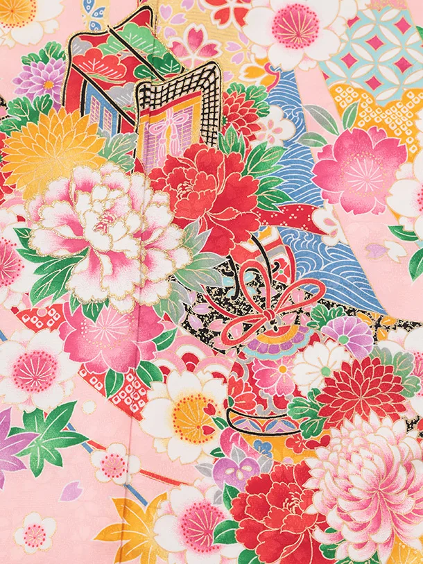 七五三(7歳結び帯)Y693 ピンク地  御所車に鈴花